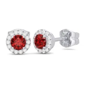 14K W Gold 0.10cttw Diamond 0.30cttw Ruby Round Halo Earrings