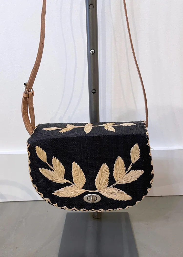 70's Embroidered Vines Straw Crossbody Bag