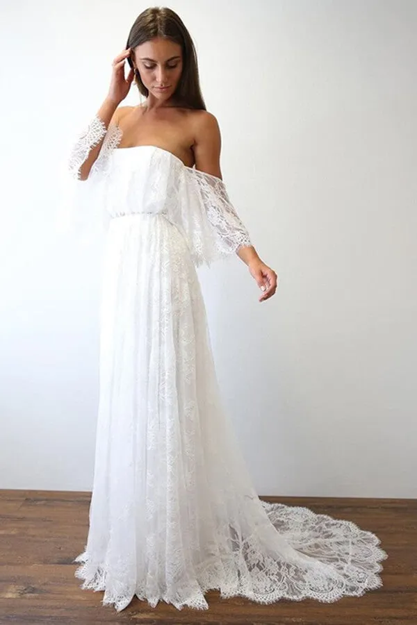 A-Line Beach Wedding Dress with Half Sleeves and Off-the-Shoulder Boho Lace Bodice, WD23022361