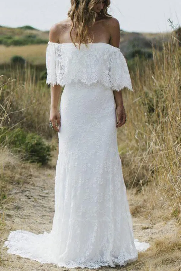 A-Line Beach Wedding Dress with Half Sleeves and Off-the-Shoulder Boho Lace Bodice, WD23022361