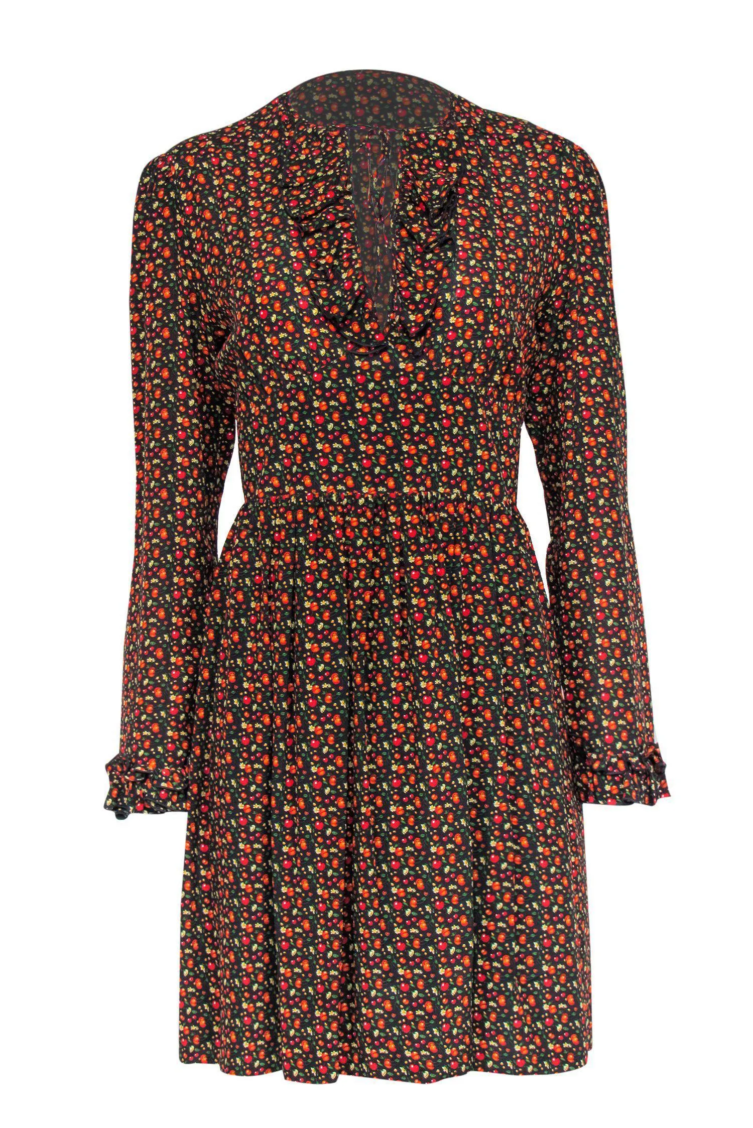 A.P.C. - Cherry Print Ruffle Neckline A-Line Dress Sz 6