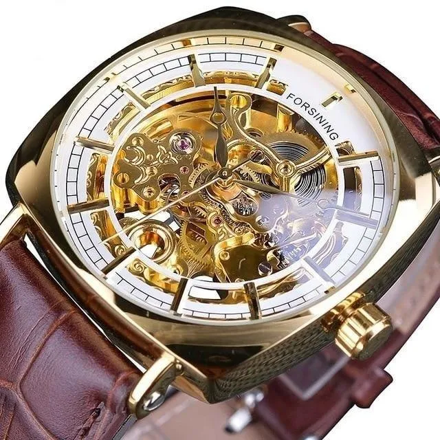 Automatic Genuine Leather Fashion Luxury Transparent Men's Gold Clock