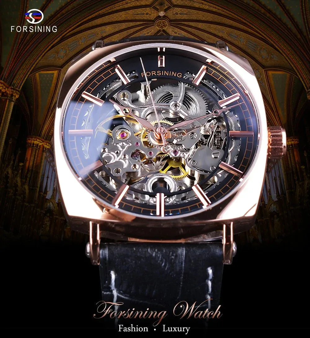 Automatic Genuine Leather Fashion Luxury Transparent Men's Gold Clock