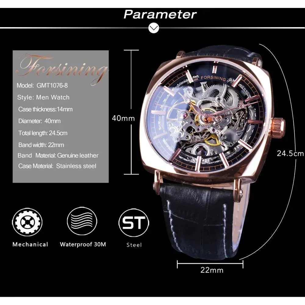 Automatic Genuine Leather Fashion Luxury Transparent Men's Gold Clock