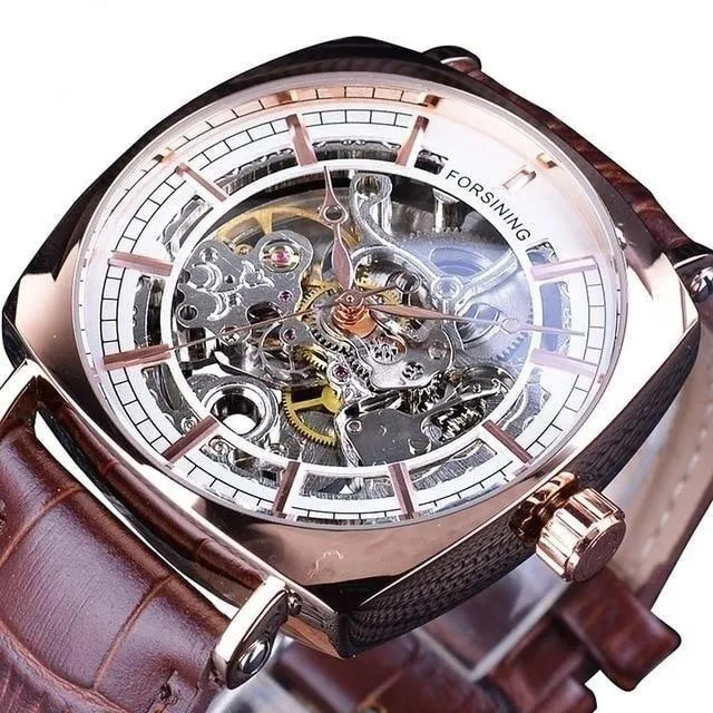 Automatic Genuine Leather Fashion Luxury Transparent Men's Gold Clock