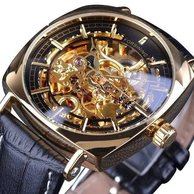 Automatic Genuine Leather Fashion Luxury Transparent Men's Gold Clock