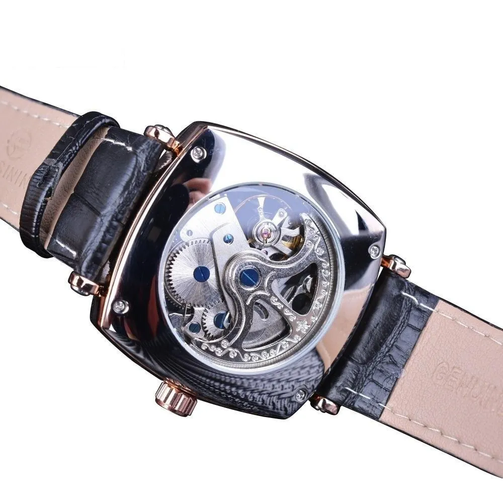 Automatic Genuine Leather Fashion Luxury Transparent Men's Gold Clock