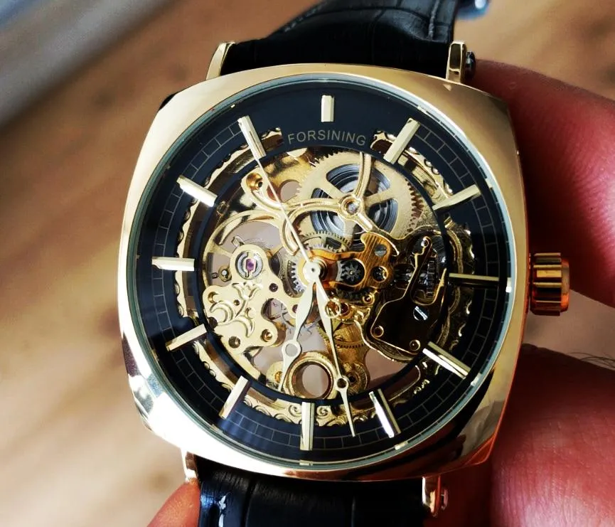 Automatic Genuine Leather Fashion Luxury Transparent Men's Gold Clock