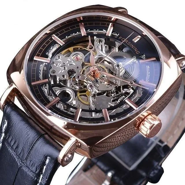 Automatic Genuine Leather Fashion Luxury Transparent Men's Gold Clock