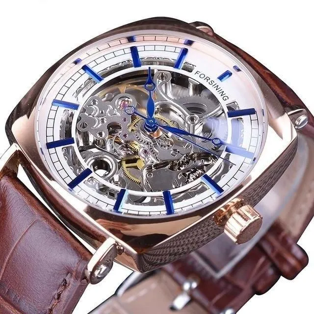 Automatic Genuine Leather Fashion Luxury Transparent Men's Gold Clock