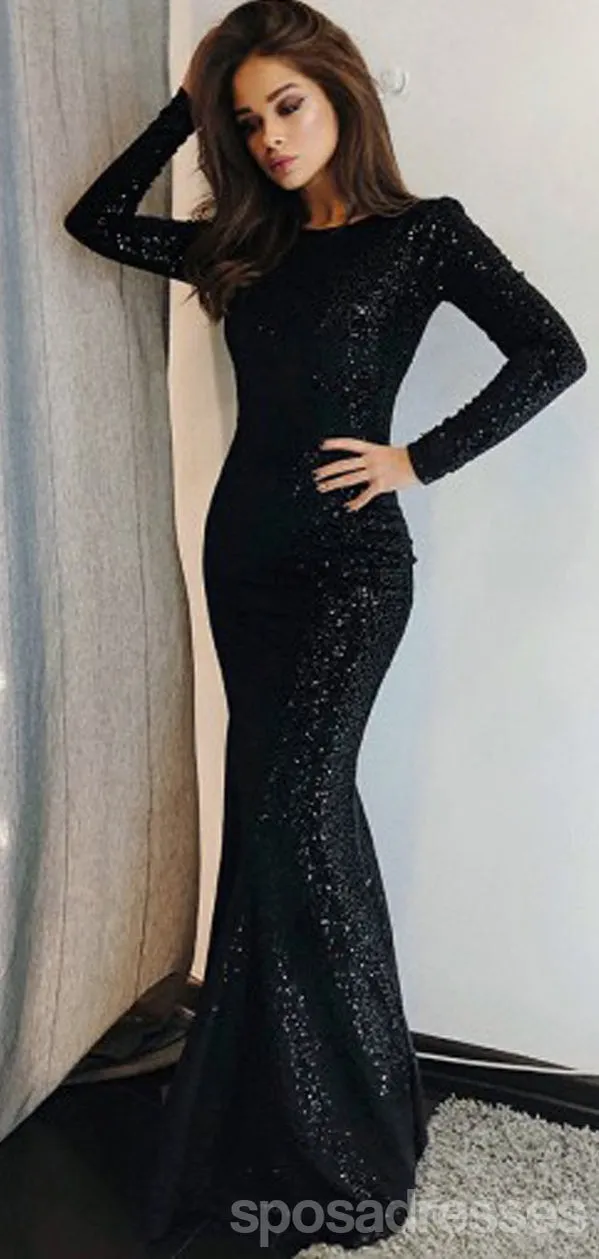 Black Mermaid Long Sleeves Jewel Open Back Cheap Long Prom Dresses,12888