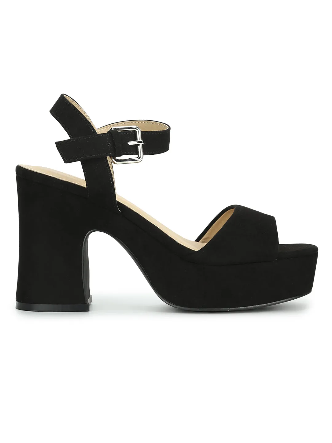 Black Micro Wooden Platform Block Heels