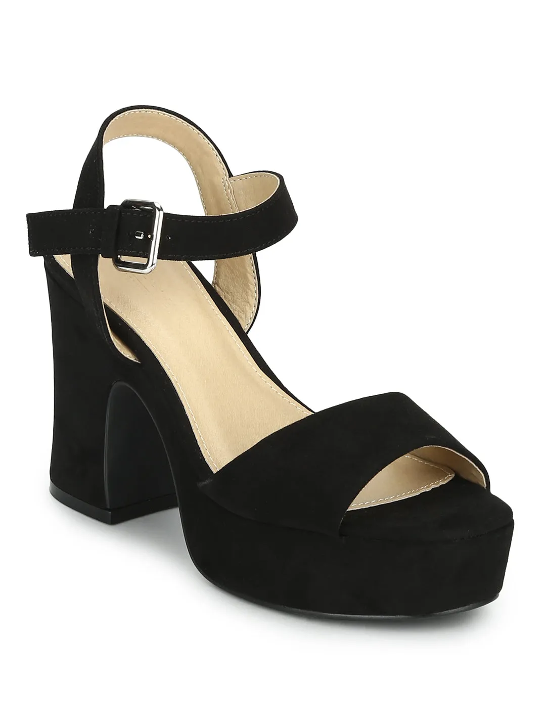 Black Micro Wooden Platform Block Heels