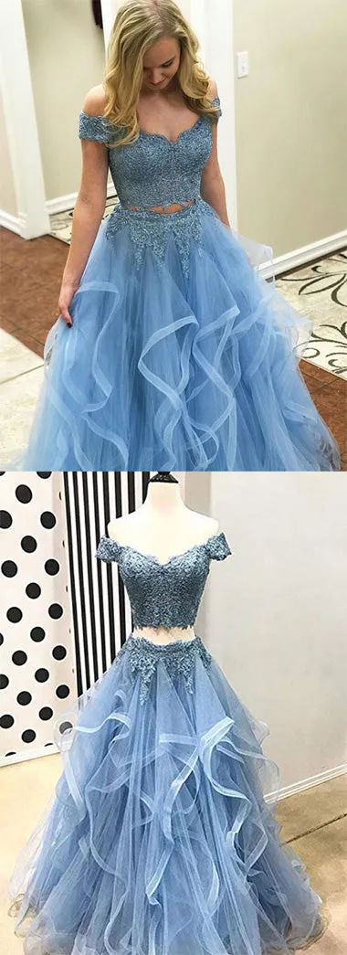 Blue Tulle Off Shoulder Two Piece Prom Dresses Lace Formal Dresses, SP350