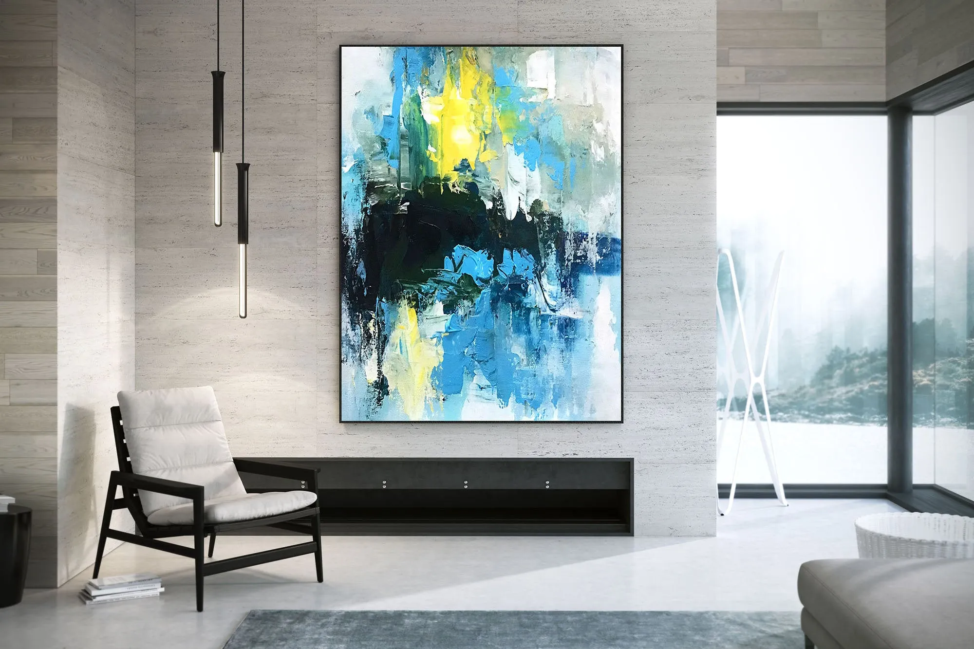 Blue White Yellow Abstract Painting on Canvas Knife Painting Qp004