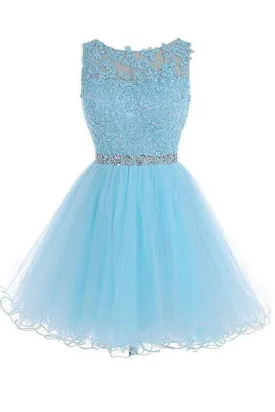 Blue Zipper-up Scoop Short Tulle Homecoming Dresses, Short Prom Dresses,SVD1564