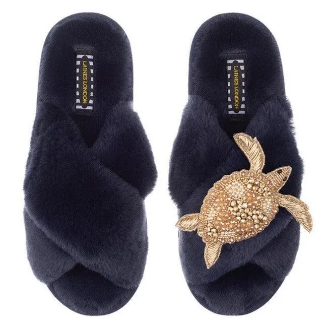 Classic Laines Slippers with Artisan Gold Turtle in Navy