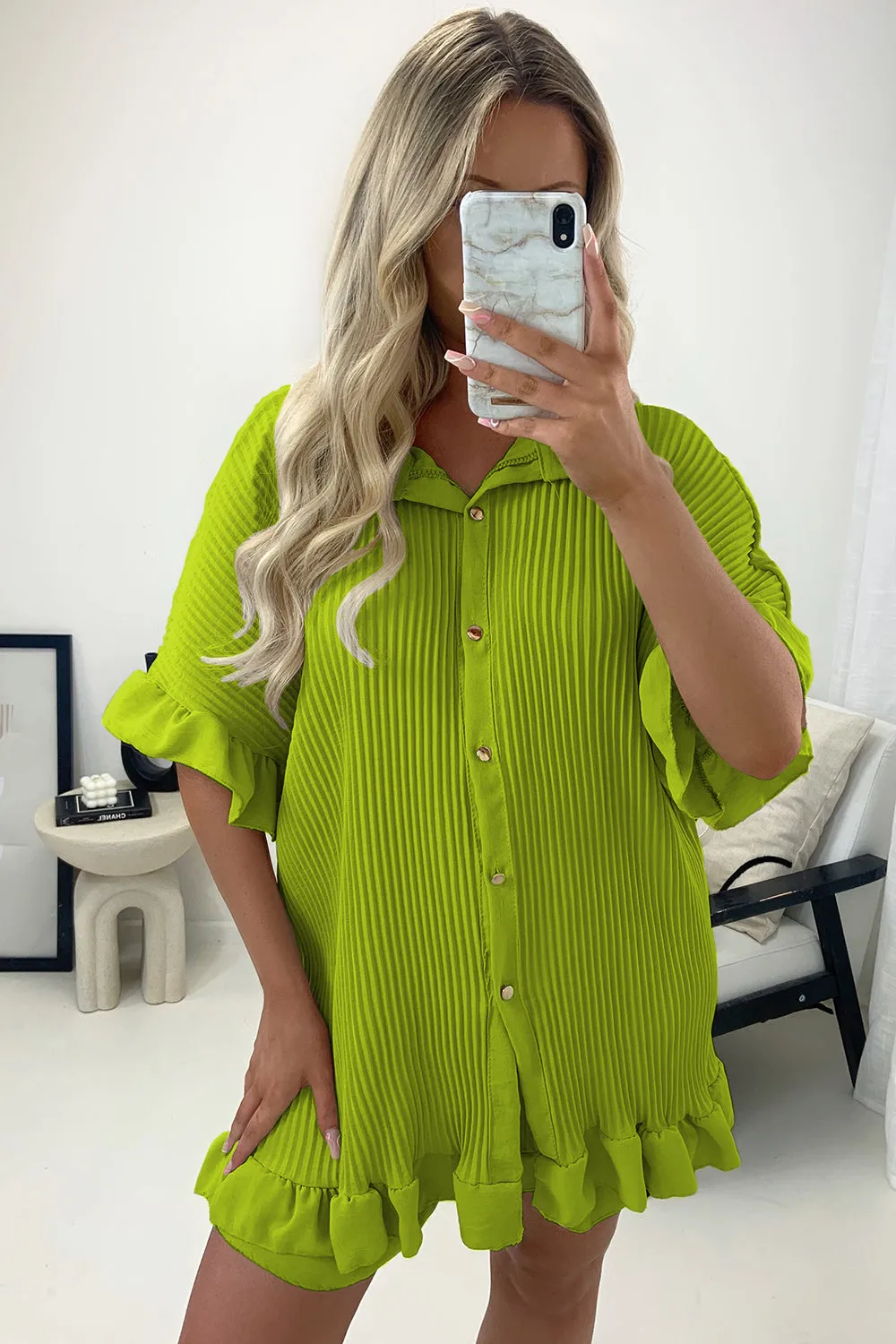 Colette Lime Green Plisse Pleated Frill Hem Shirt and Shorts Co-Ord Set