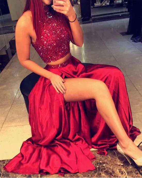 Dark Red Beaded Halter Open Back Long Prom Dresses With Side Slit, M316