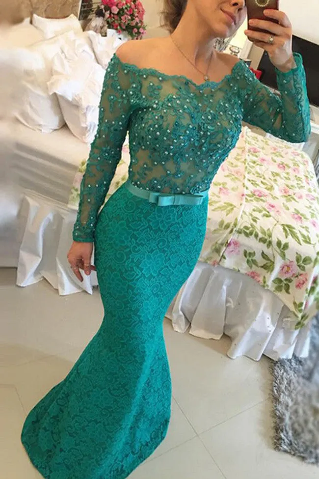 Decent Floor-Length Lace Off Shoulder Long Sleeves Turquoise Prom Dress with Pearls,SVD438