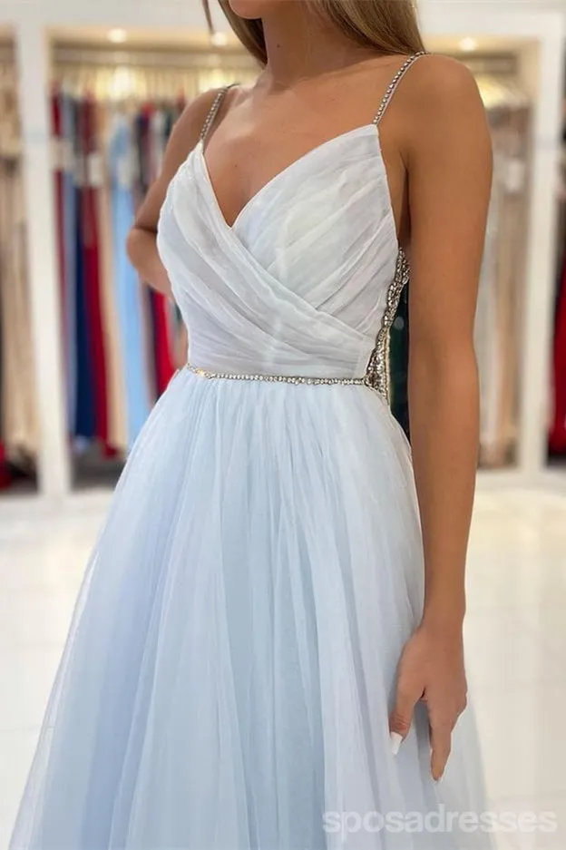 Elegant Blue A-line Spaghetti Straps V-neck Maxi Long Party Prom Dresses,13279