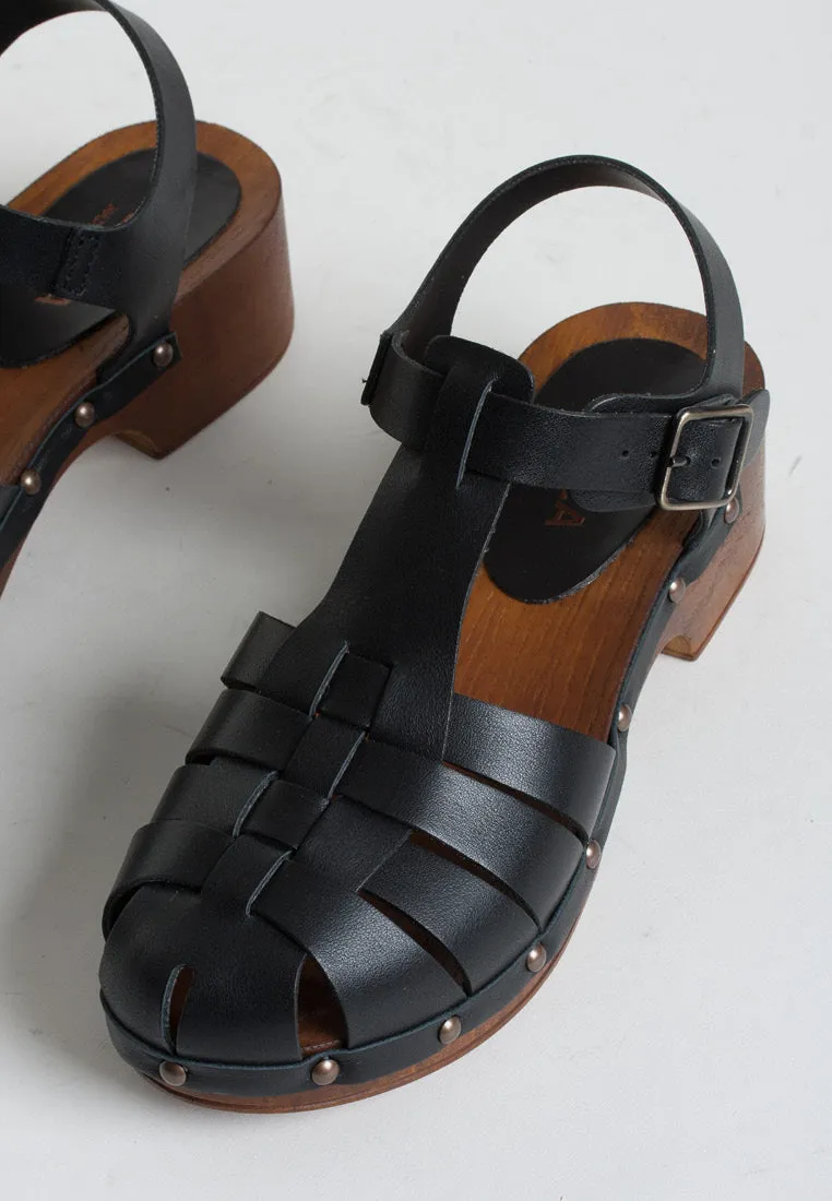 Emmi Black Leather Clogs