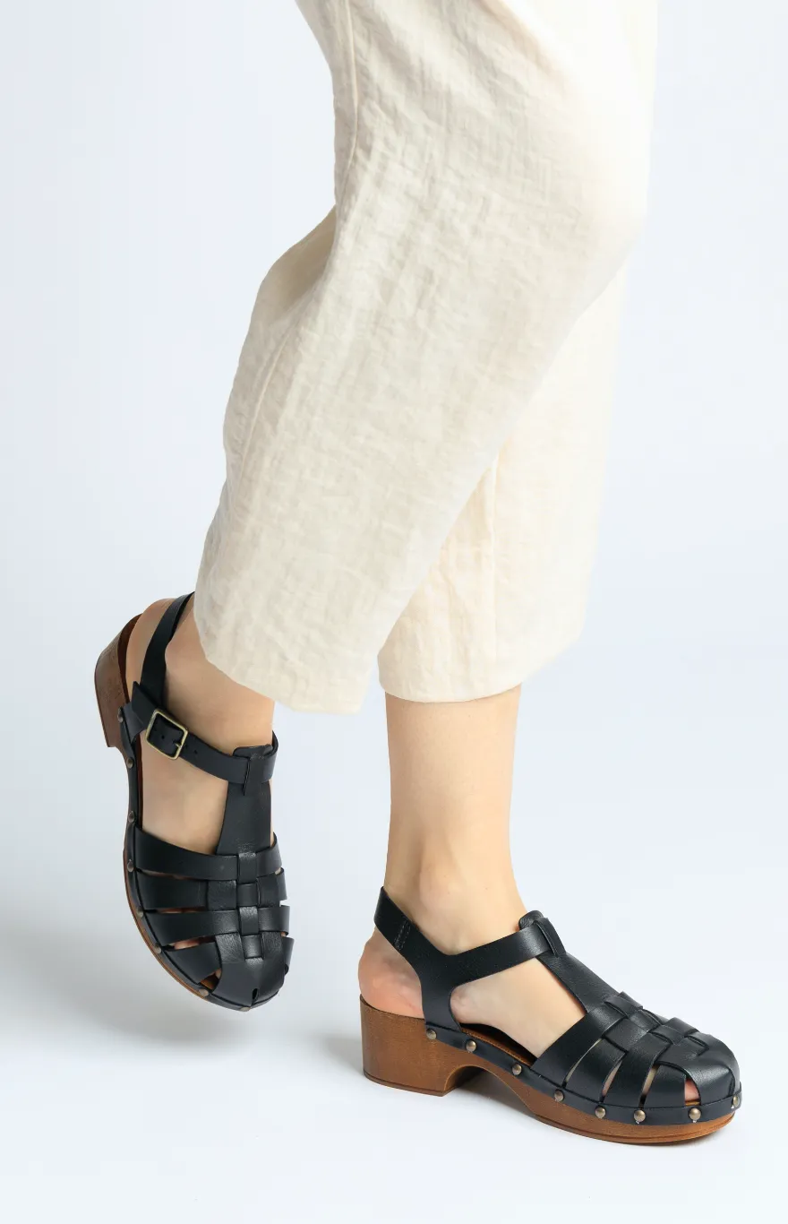 Emmi Black Leather Clogs