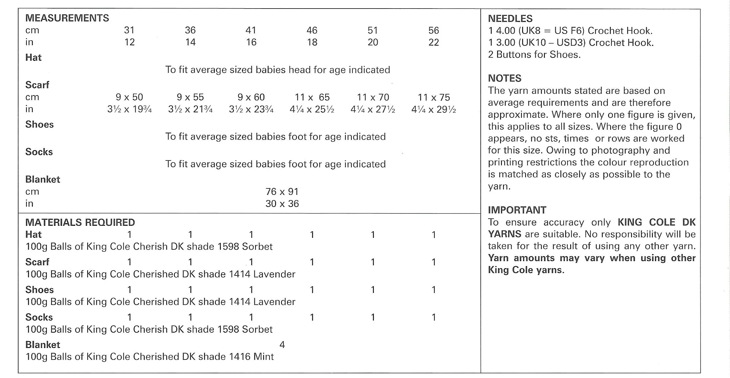 King Cole 4419 Hat Scarf Shoes Socks and Blanket DK Crochet Pattern