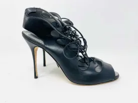 Manolo Blahnik Size 7 Black Lace-Up Leather AS IS Designer Sandals Heels