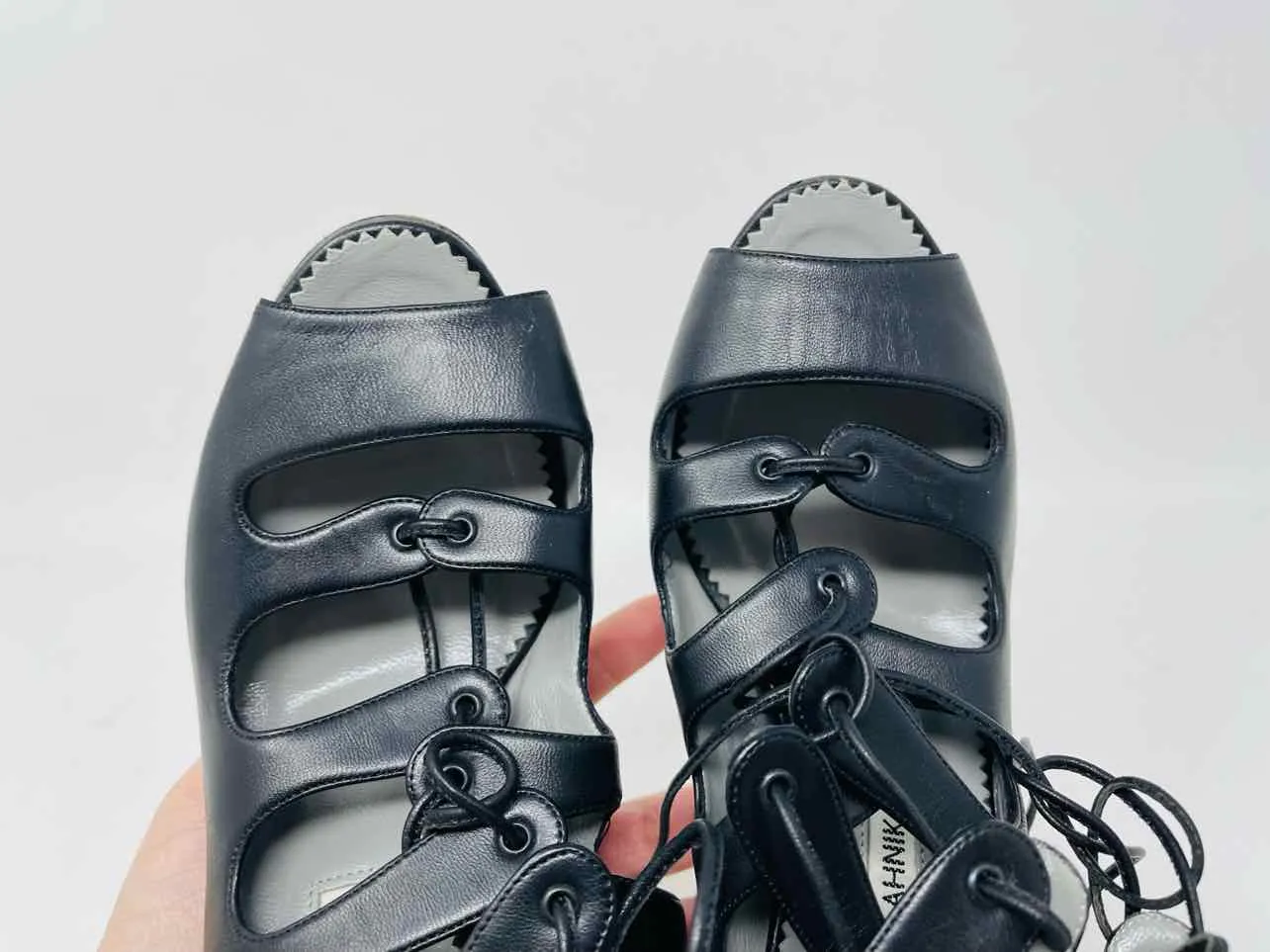 Manolo Blahnik Size 7 Black Lace-Up Leather AS IS Designer Sandals Heels