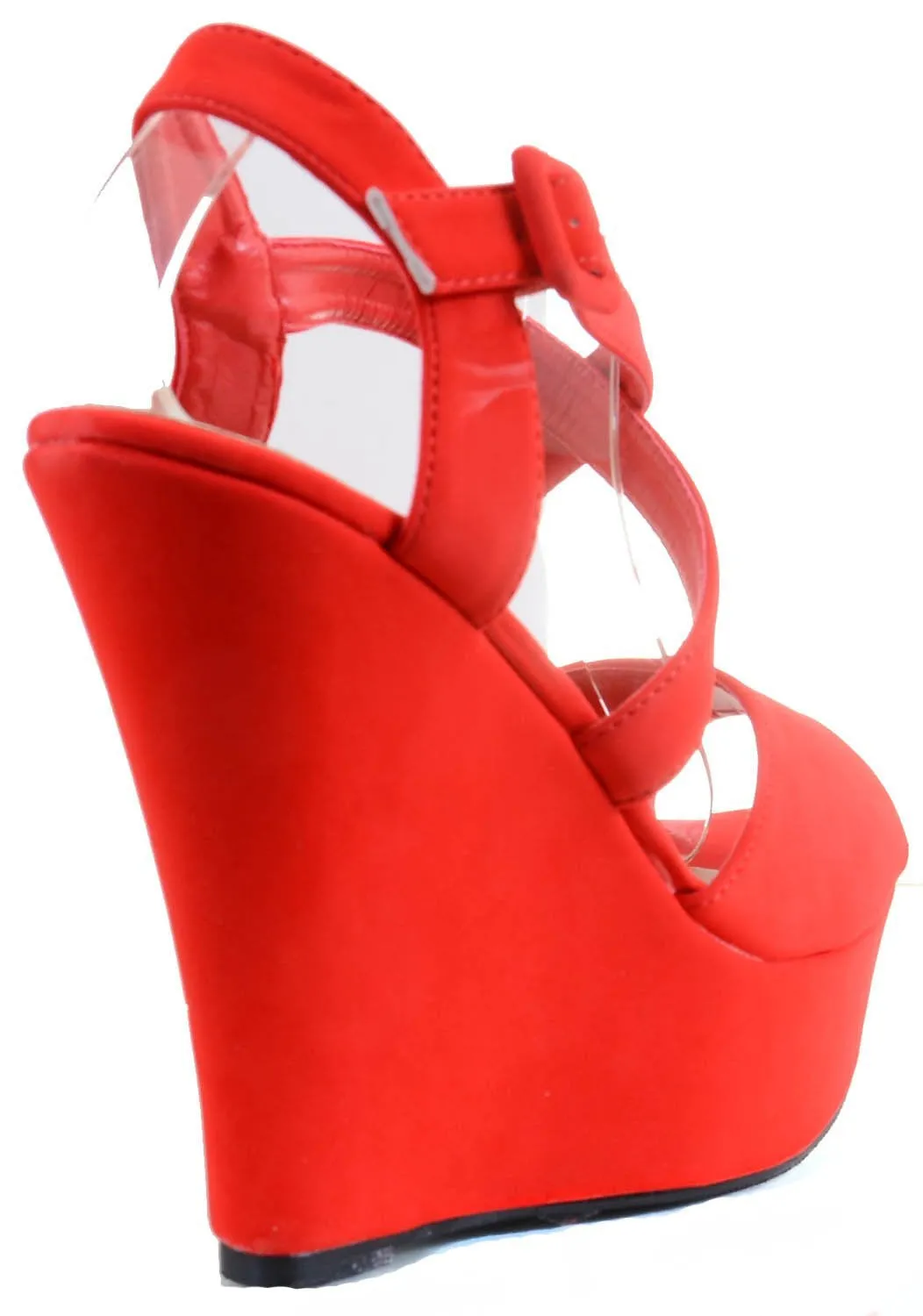 Red Strappy Criss Cross Wedge Platform Sandal