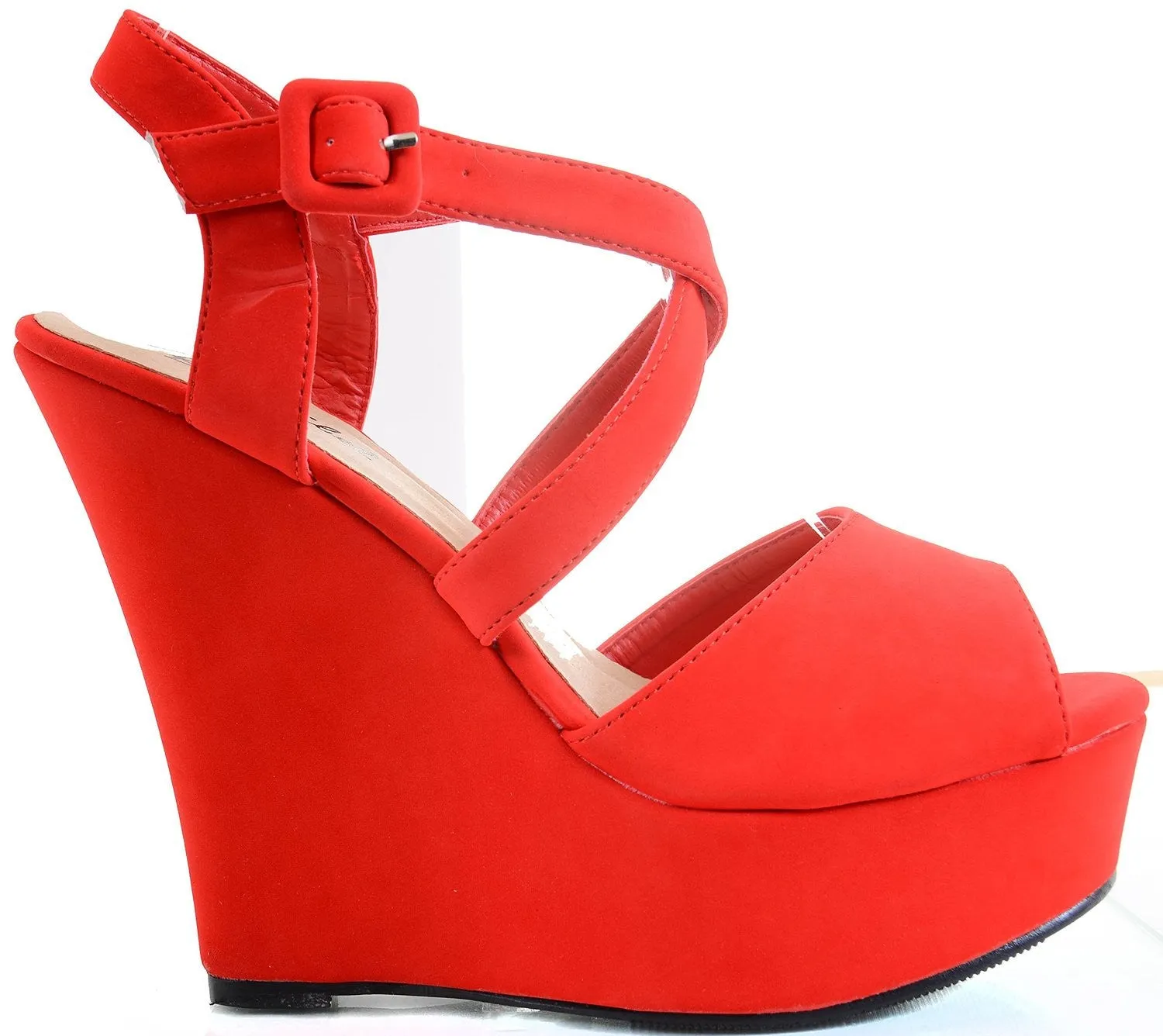 Red Strappy Criss Cross Wedge Platform Sandal