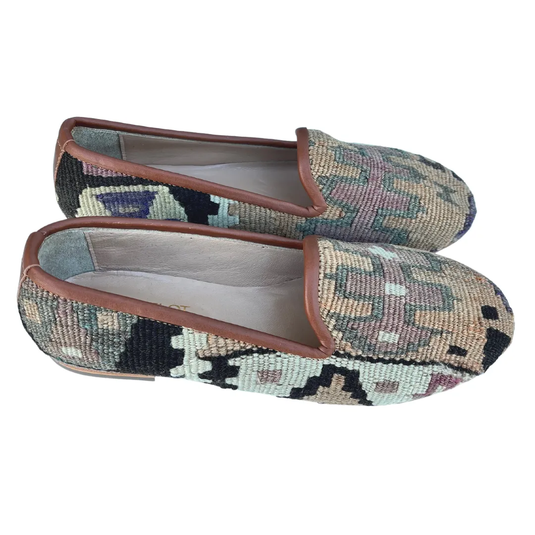 Women's Turkish Kilim Loafers | Tan & Grey